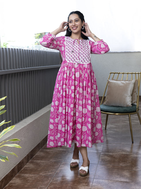 MULMUL IKSHITA FLORAL BLOCK PRINTED DRESS MULMUL IKSHITA FLORAL BLOCK PRINTED DRESS